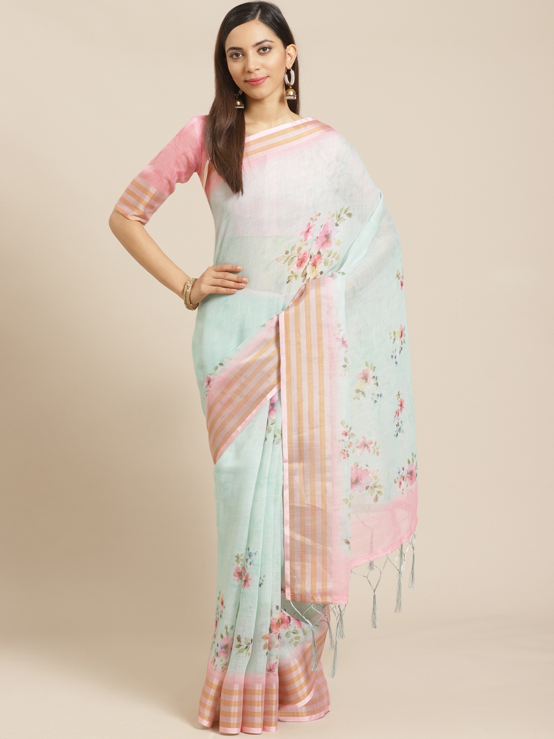 

Saree mall Blue & Pink Floral Print Saree