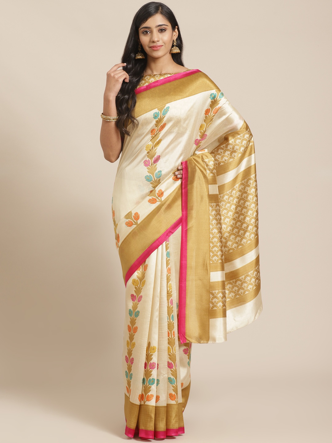 

Saree mall Beige & Pink Ethnic Motifs Print Saree