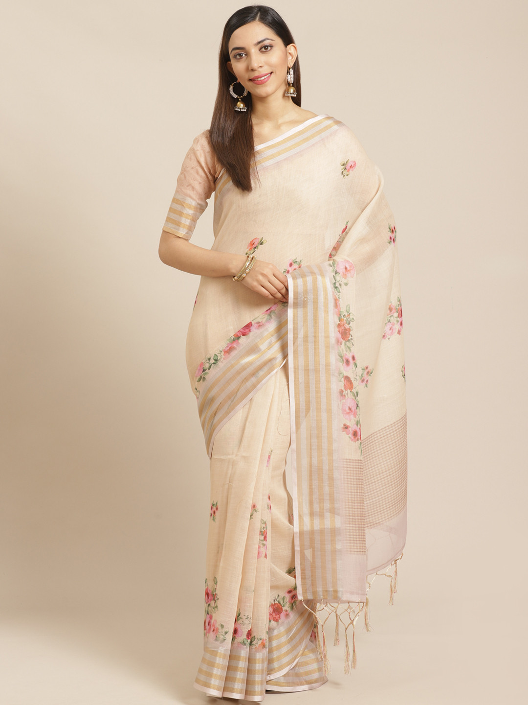 

Saree mall Beige & Pink Floral Print Saree