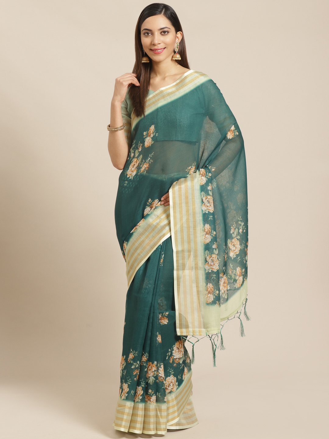 

Saree mall Green & Peach-Coloured Floral Print Saree