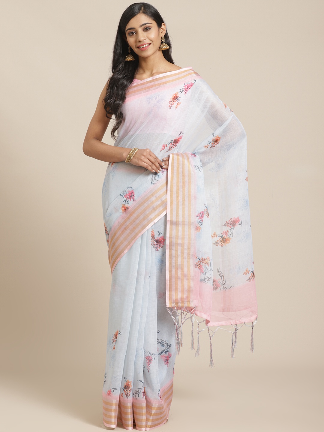 

Saree mall Blue & Pink Floral Print Saree