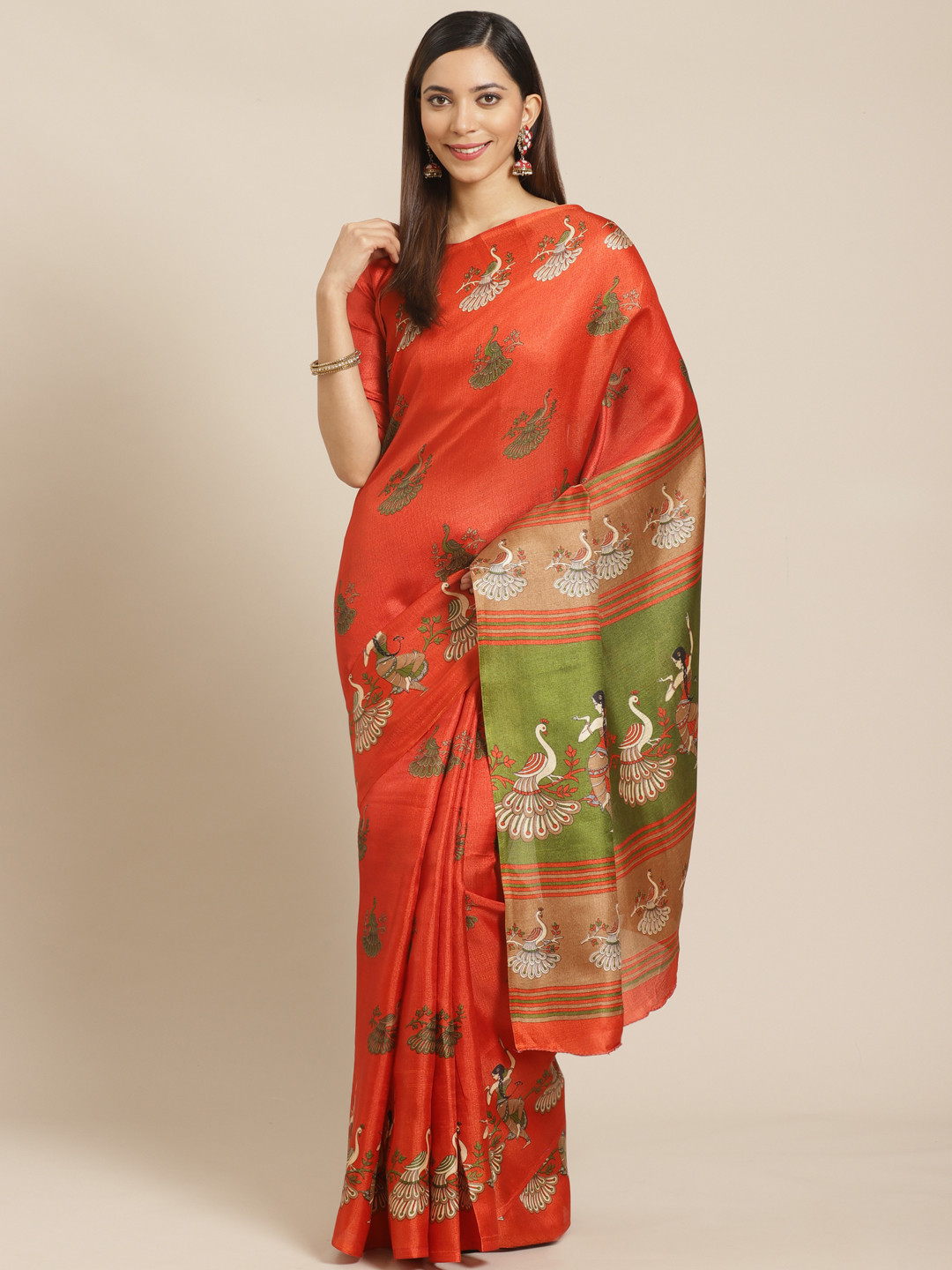 

Saree mall Rust Red & Green Printed Saree