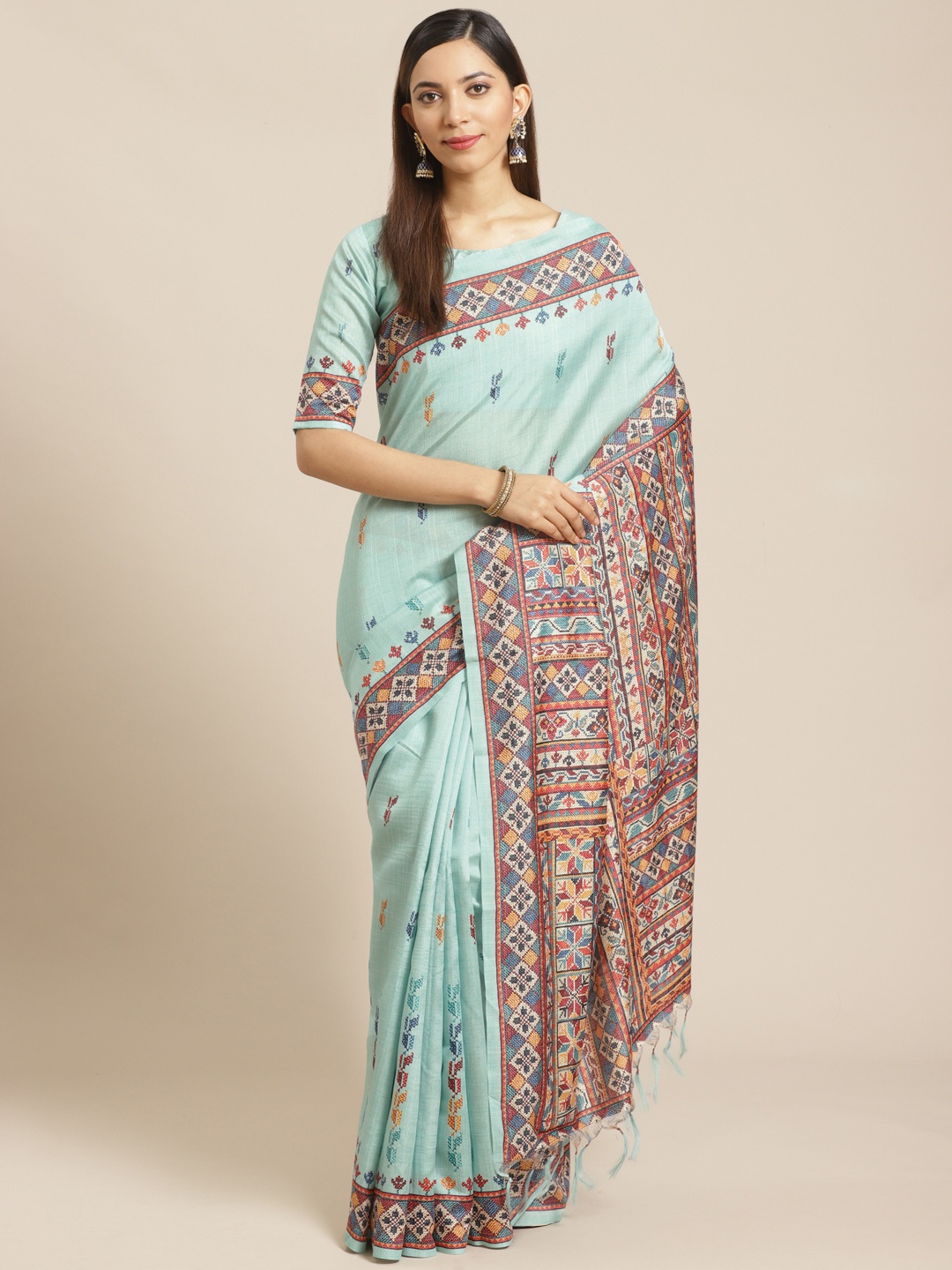 

Saree mall Sea Green & Red Printed Saree