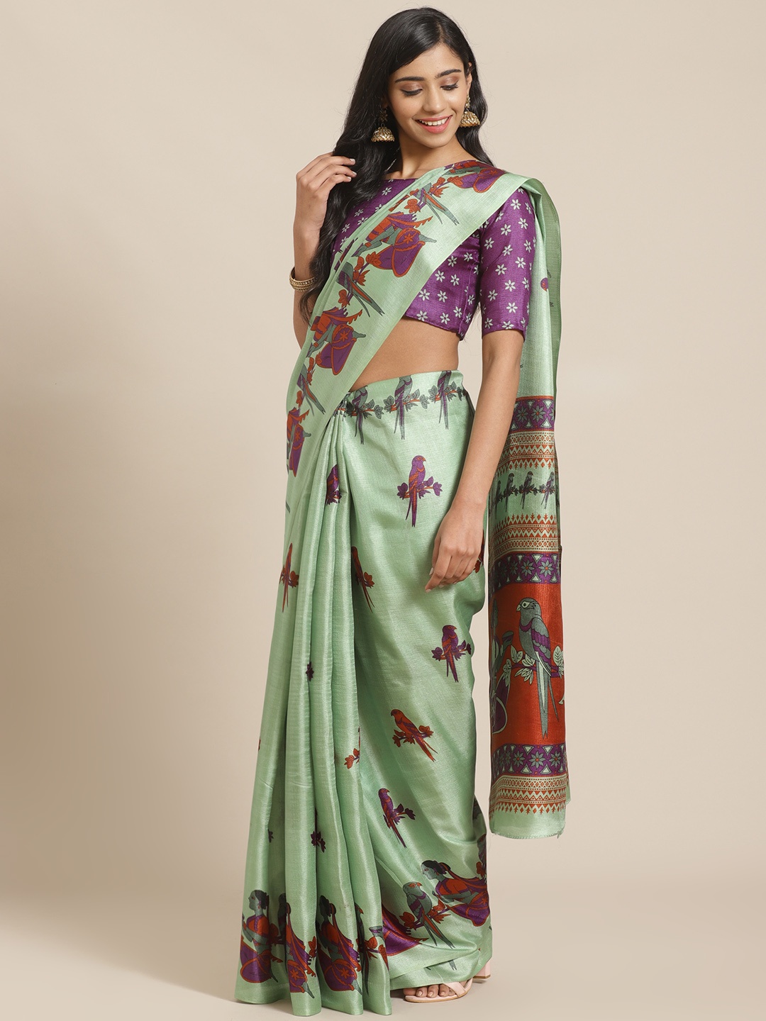 

Saree mall Green & Purple Ethnic Motifs Print Bhagalpuri Saree