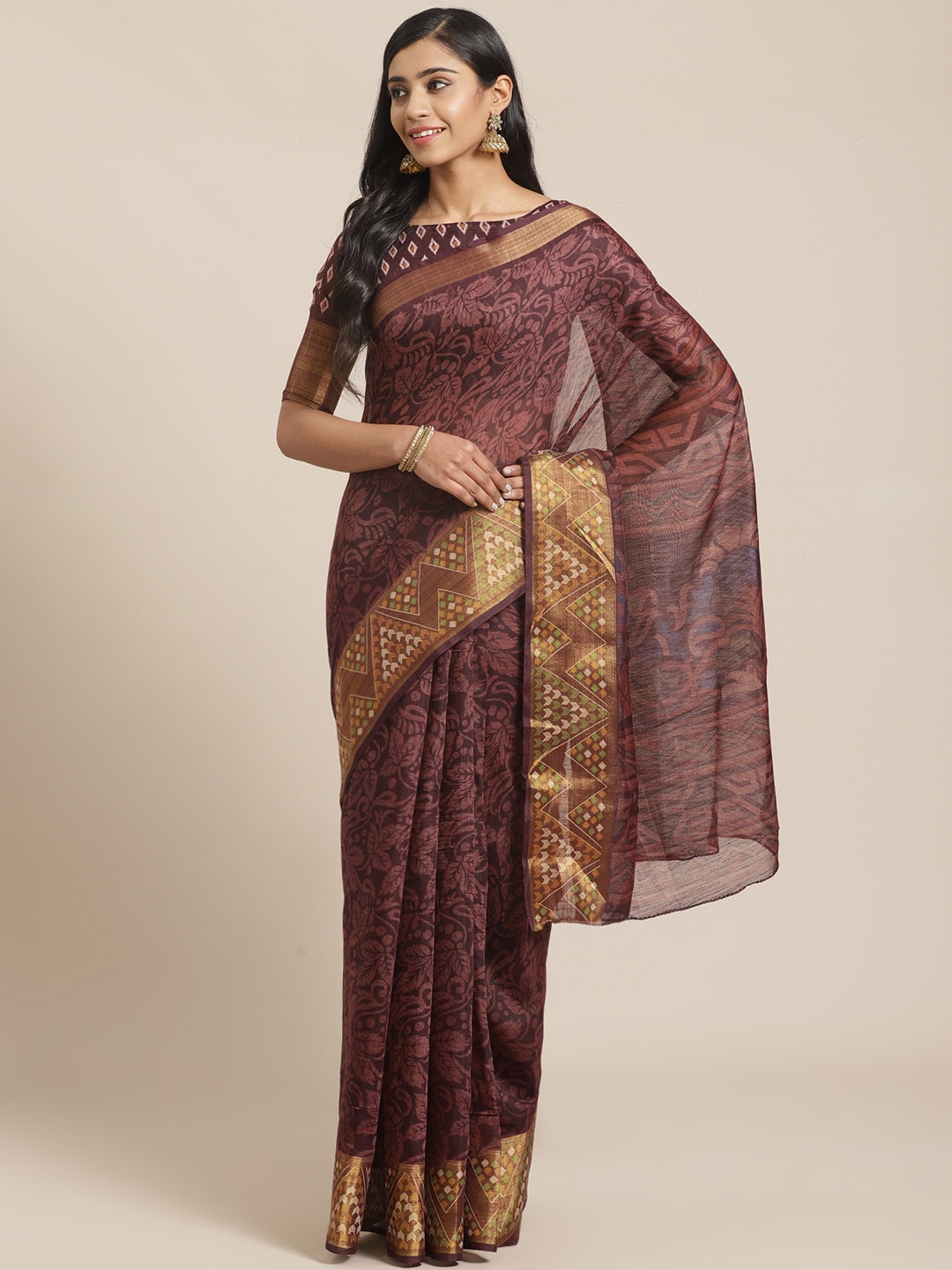 

Saree mall Coffee Brown & Golden Ethnic Motifs Printed Saree
