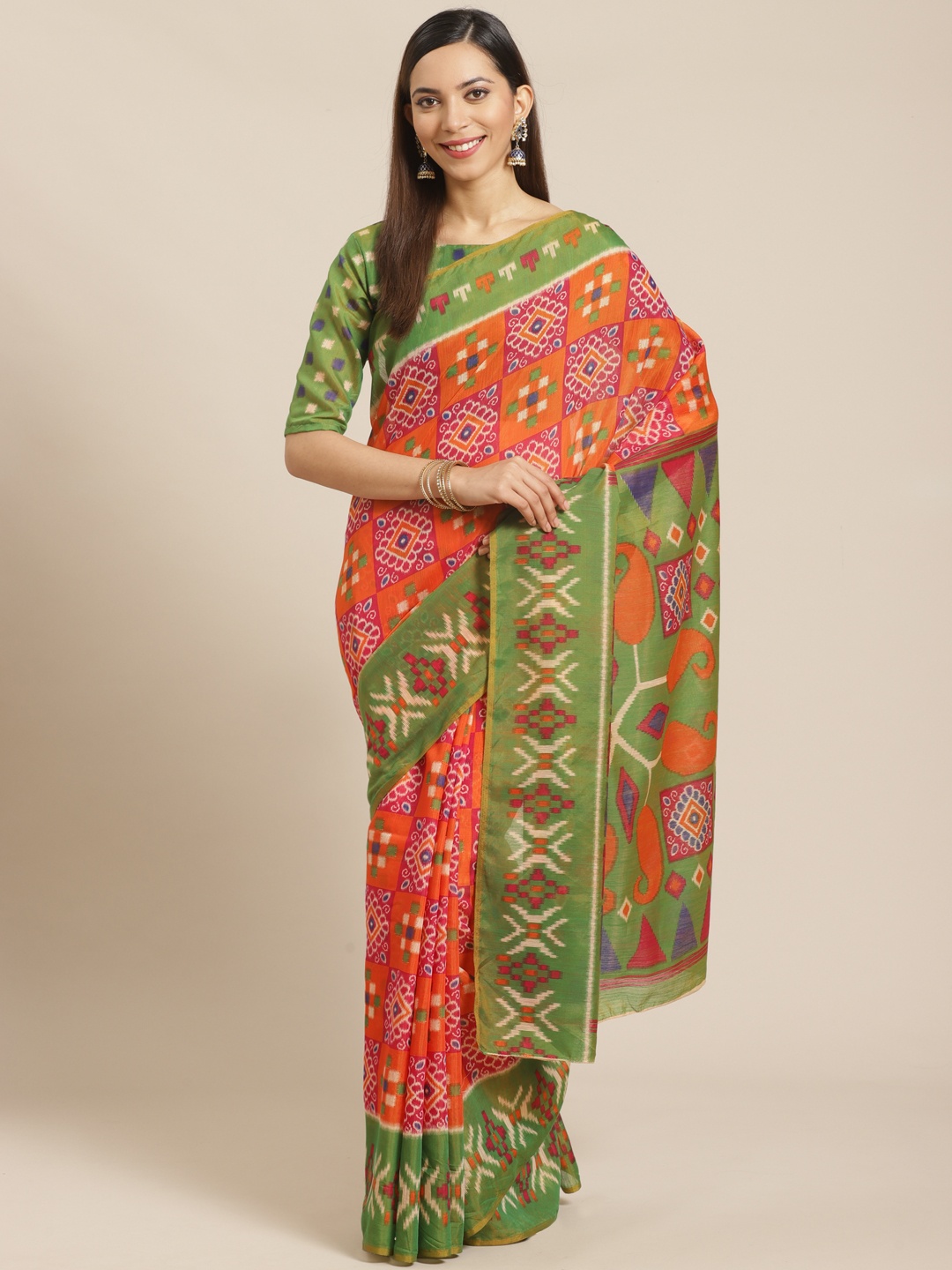 

Saree mall Orange & Green Printed Saree