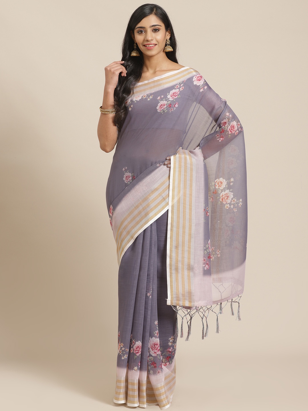 

Saree mall Grey & Pink Floral Print Saree