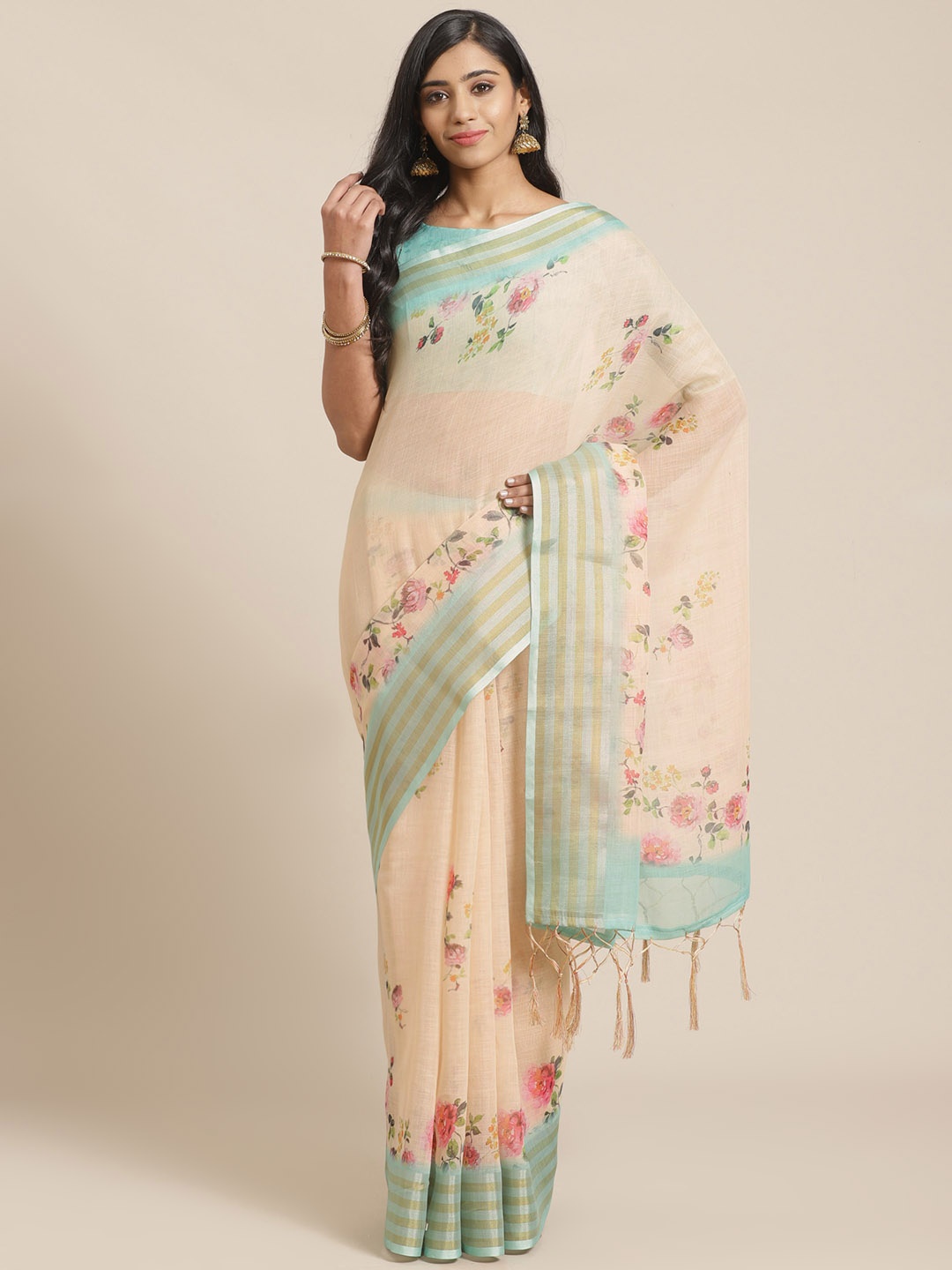 

Saree mall Beige & Pink Floral Print Saree