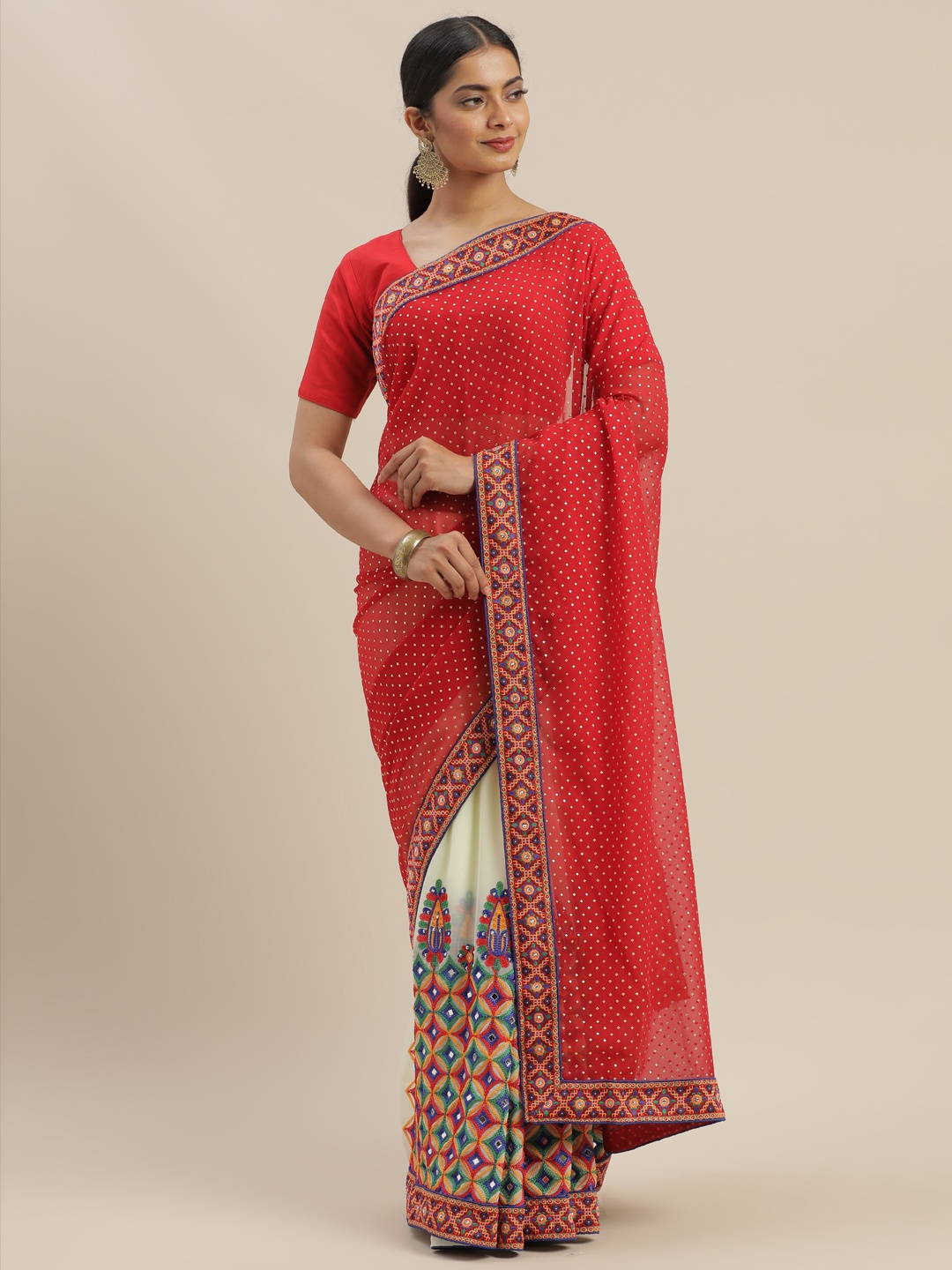 

Mitera Red & Off-White Embroidered Saree