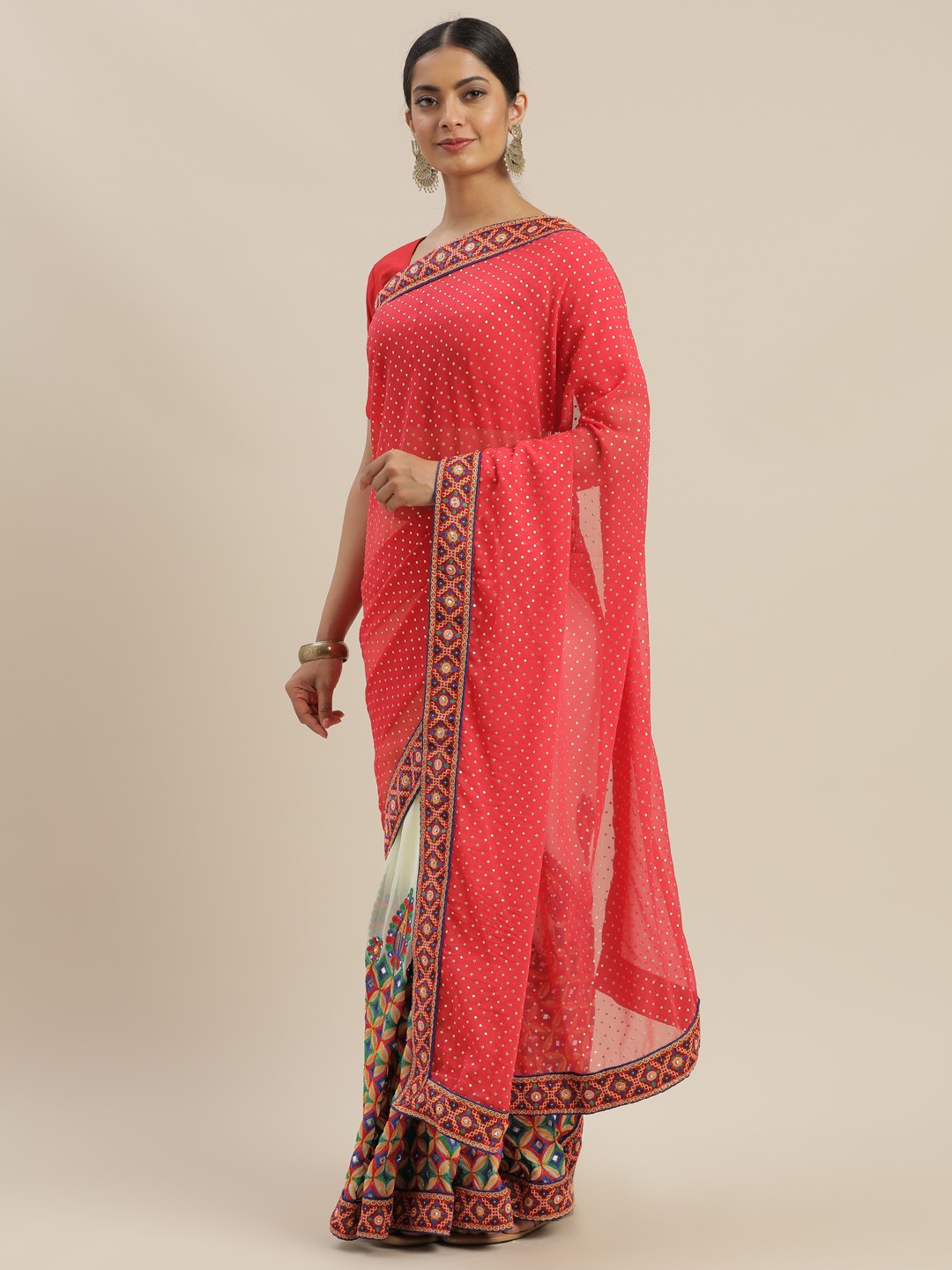 

Mitera Pink & Off-White Poly Georgette Embroidered Saree