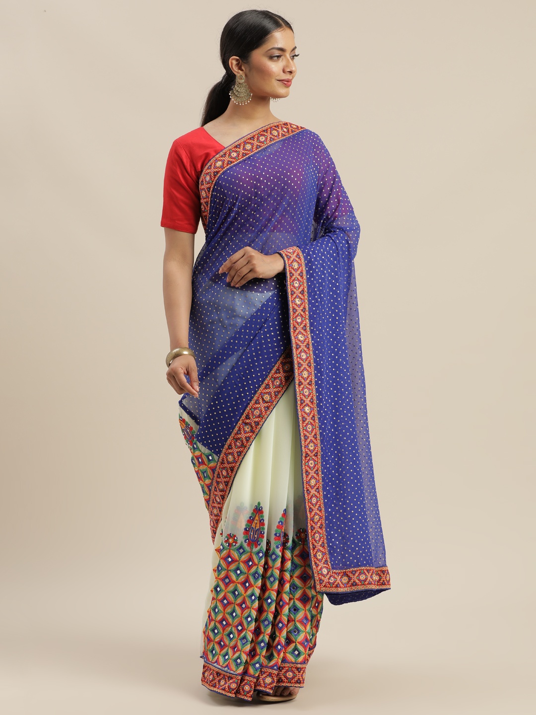 

Mitera Blue & Off-White Embroidered Saree