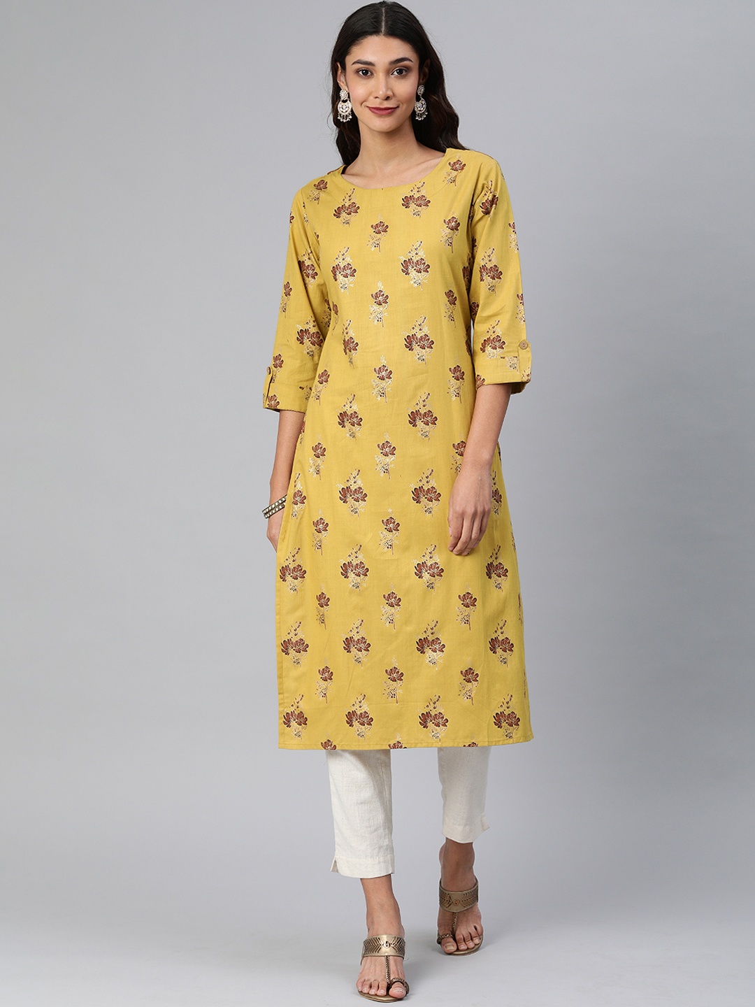 

Blissta Women Mustard Yellow Floral Printed Straight Kurta