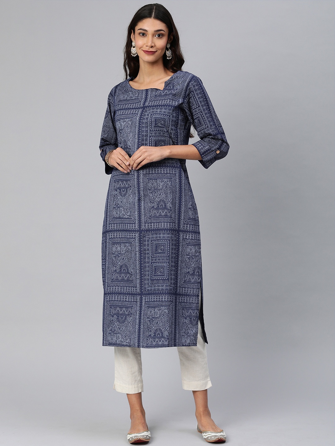 

Blissta Women Navy Blue Ethnic Printed Straight Kurta