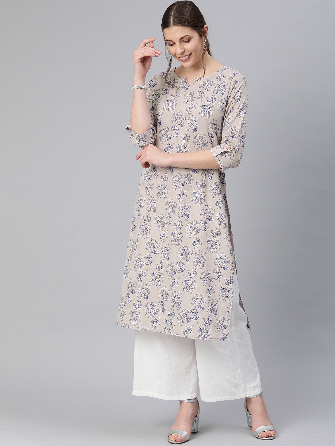 

Blissta Women Grey & Blue Printed Straight Kurta