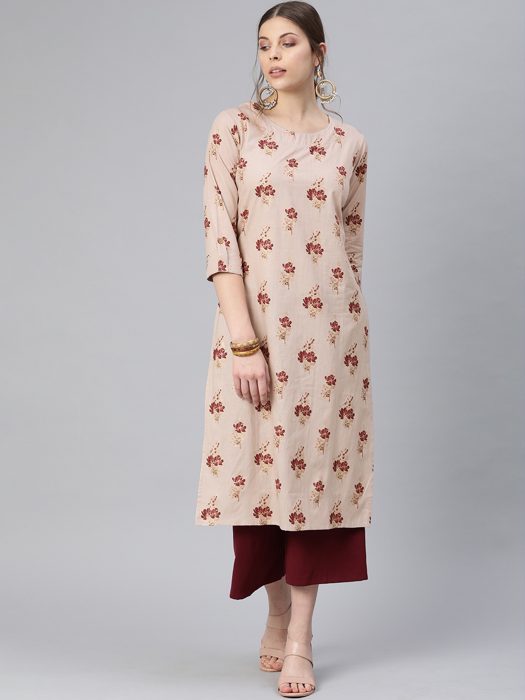 

Blissta Women Beige & Maroon Floral Printed Straight Kurta