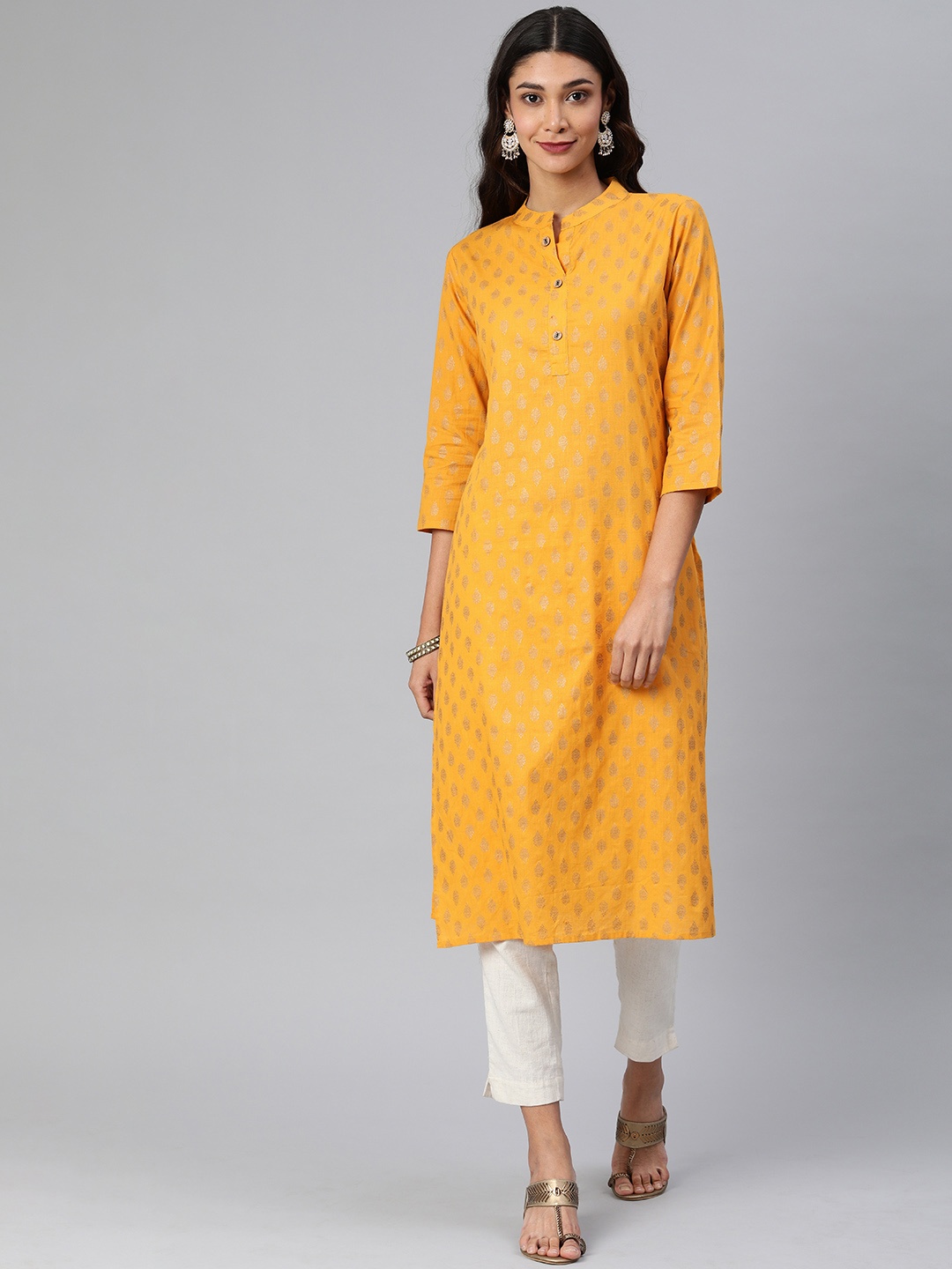 

Blissta Women Mustard Yellow Woven Design Straight Kurta