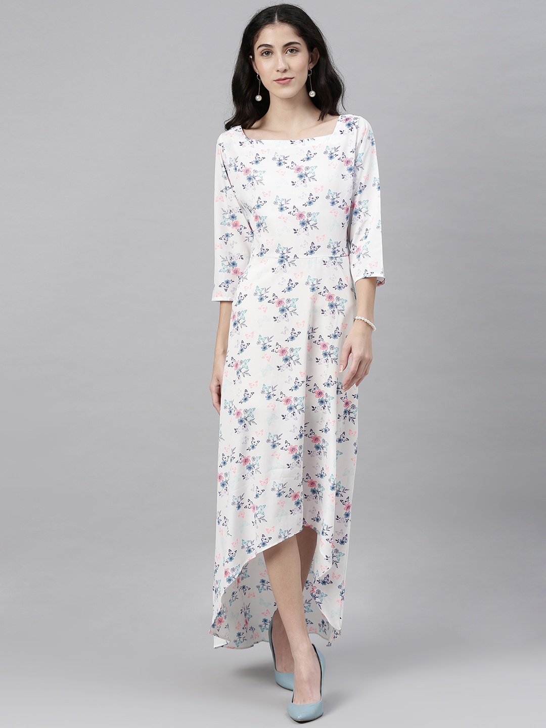 

Shubhangini Fashion Women White & Blue Floral Printed High-Low Maxi Dress