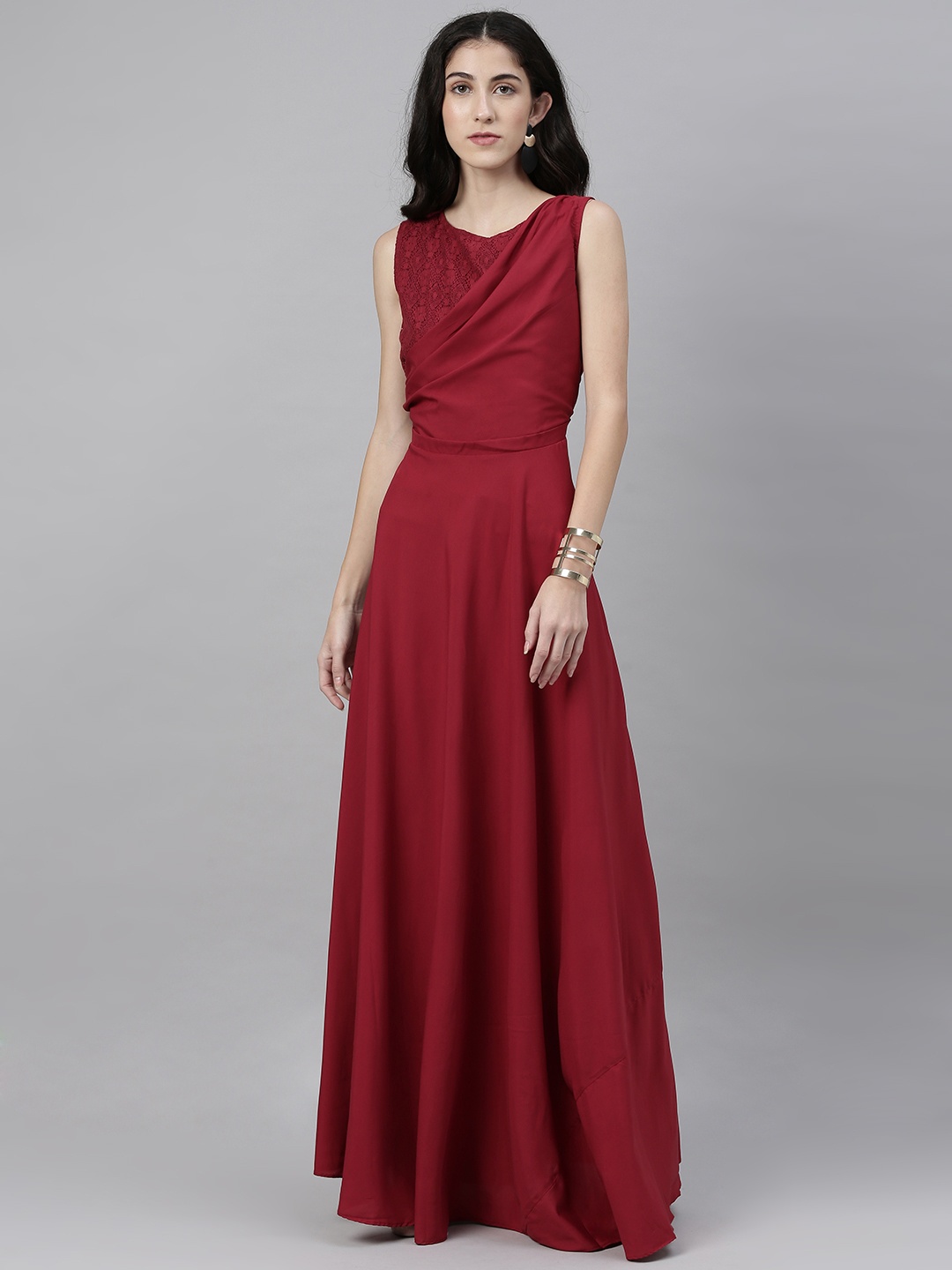 

Shubhangini Fashion Women Maroon Solid Lace Inserts Maxi Dress