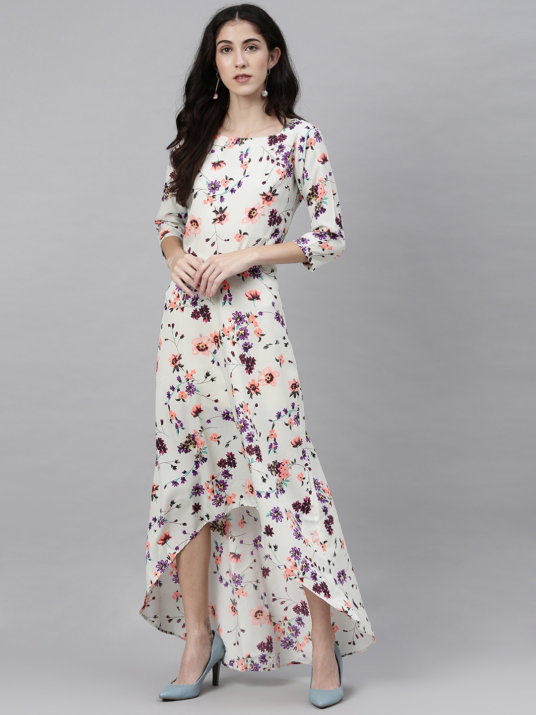 

Shubhangini Fashion Women White & Pink Floral Printed High-Low Maxi Dress