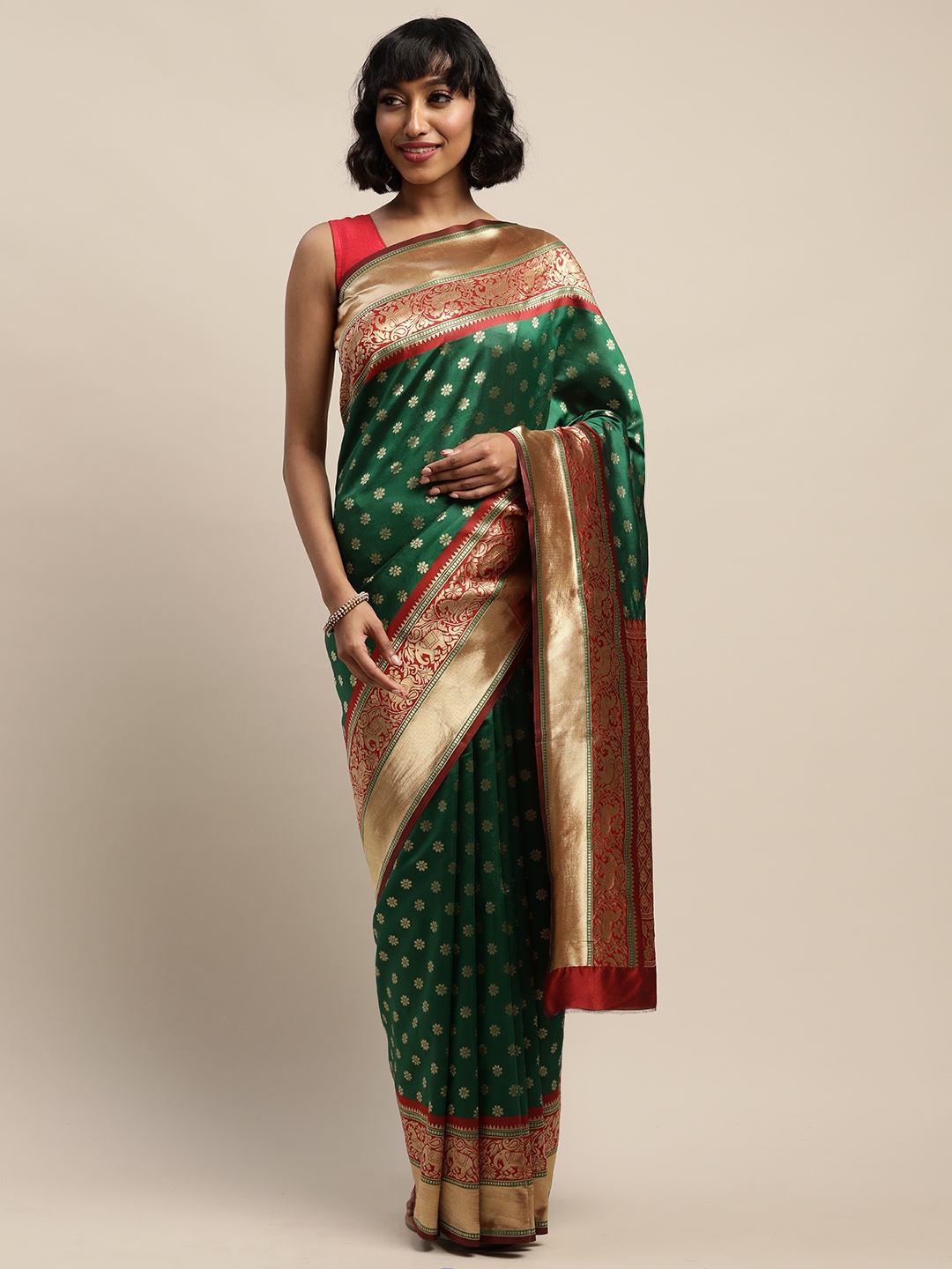 

Mitera Green & Gold-Toned Woven Design Banarasi Saree