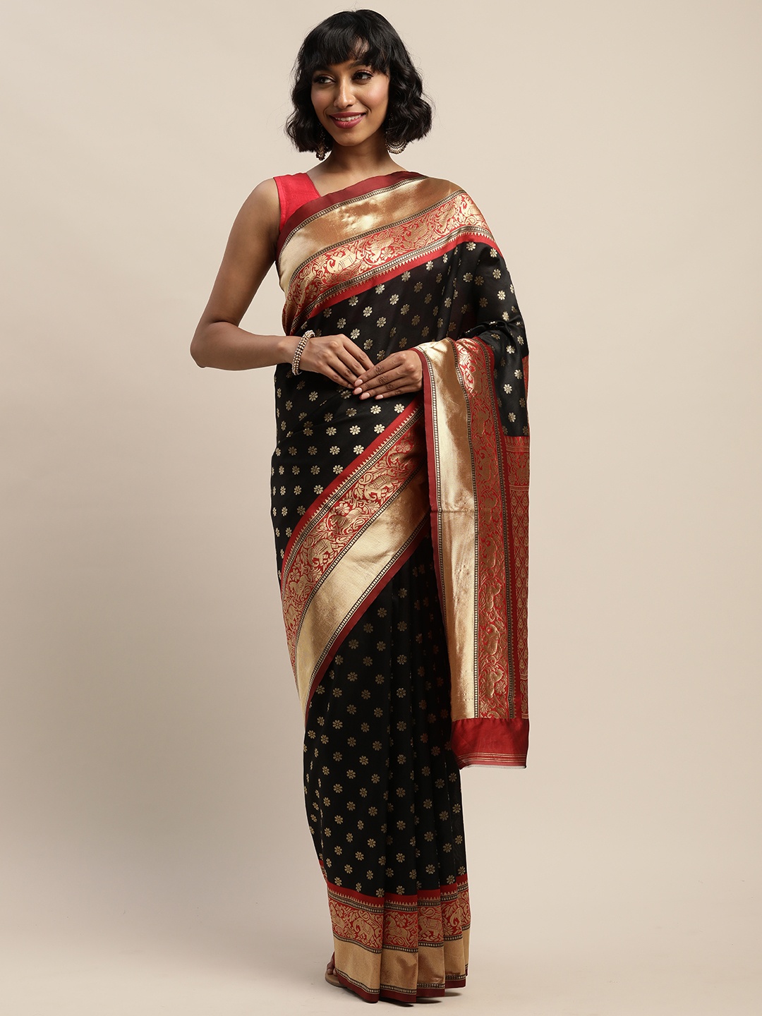 

Mitera Black & Red Silk Blend Woven Design Banarasi Saree