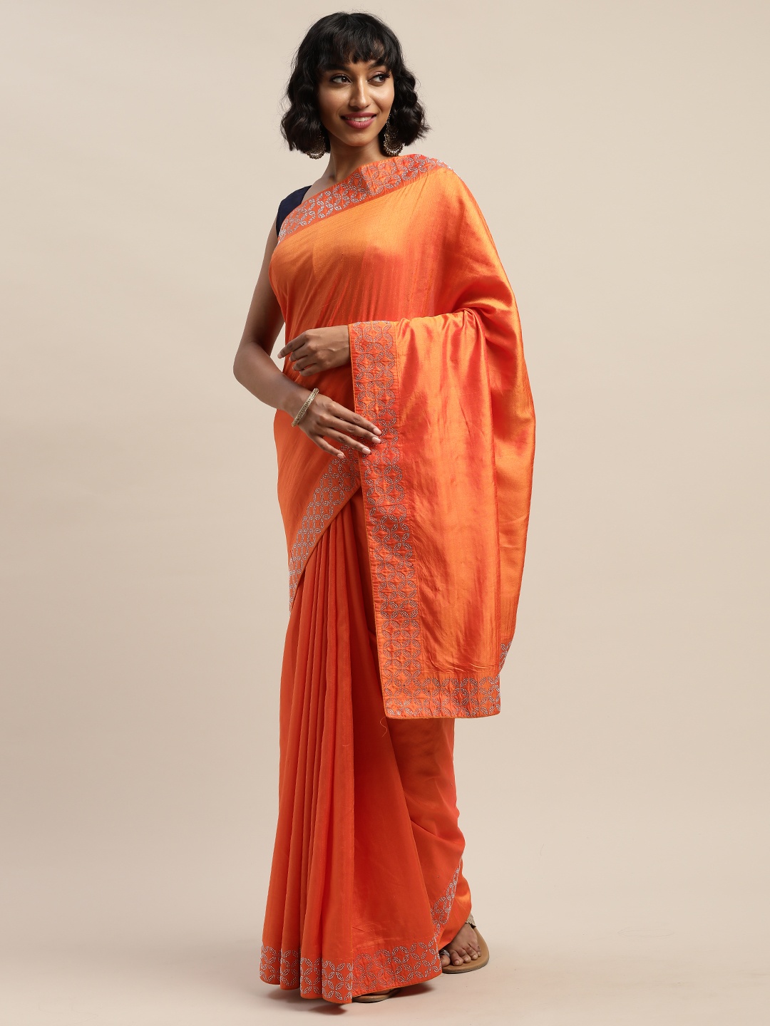 

Mitera Orange Solid Silk Blend Saree