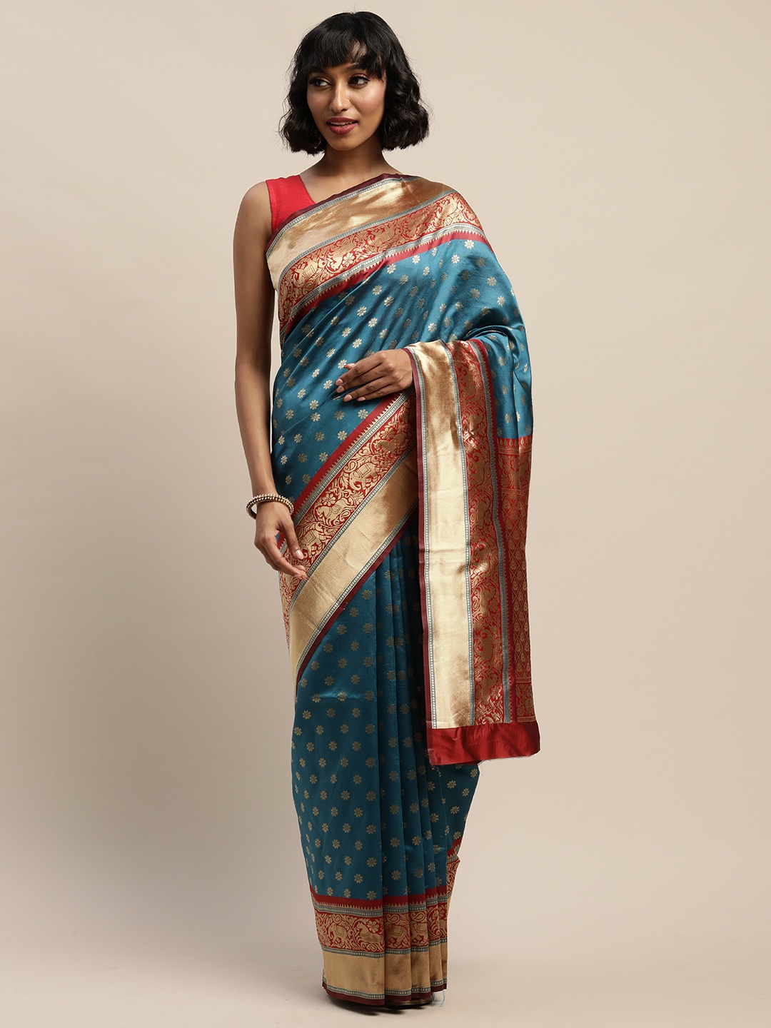 

Mitera Teal Blue & Red Silk Blend Woven Design Banarasi Saree