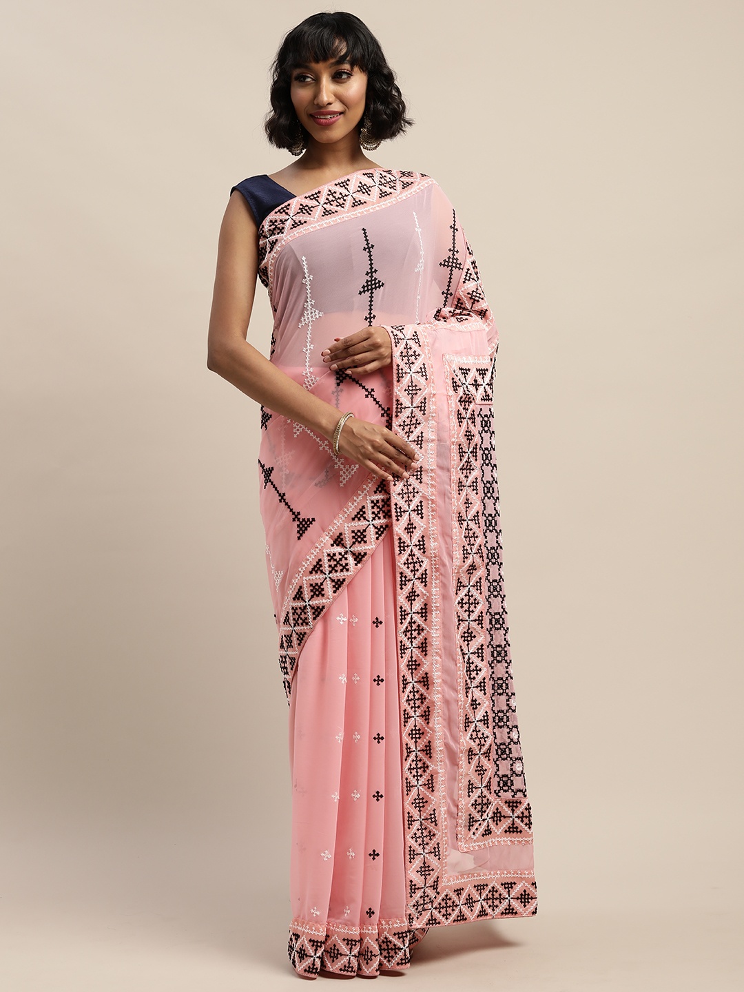 

Mitera Pink & Black Pure Georgette Embroidered Saree