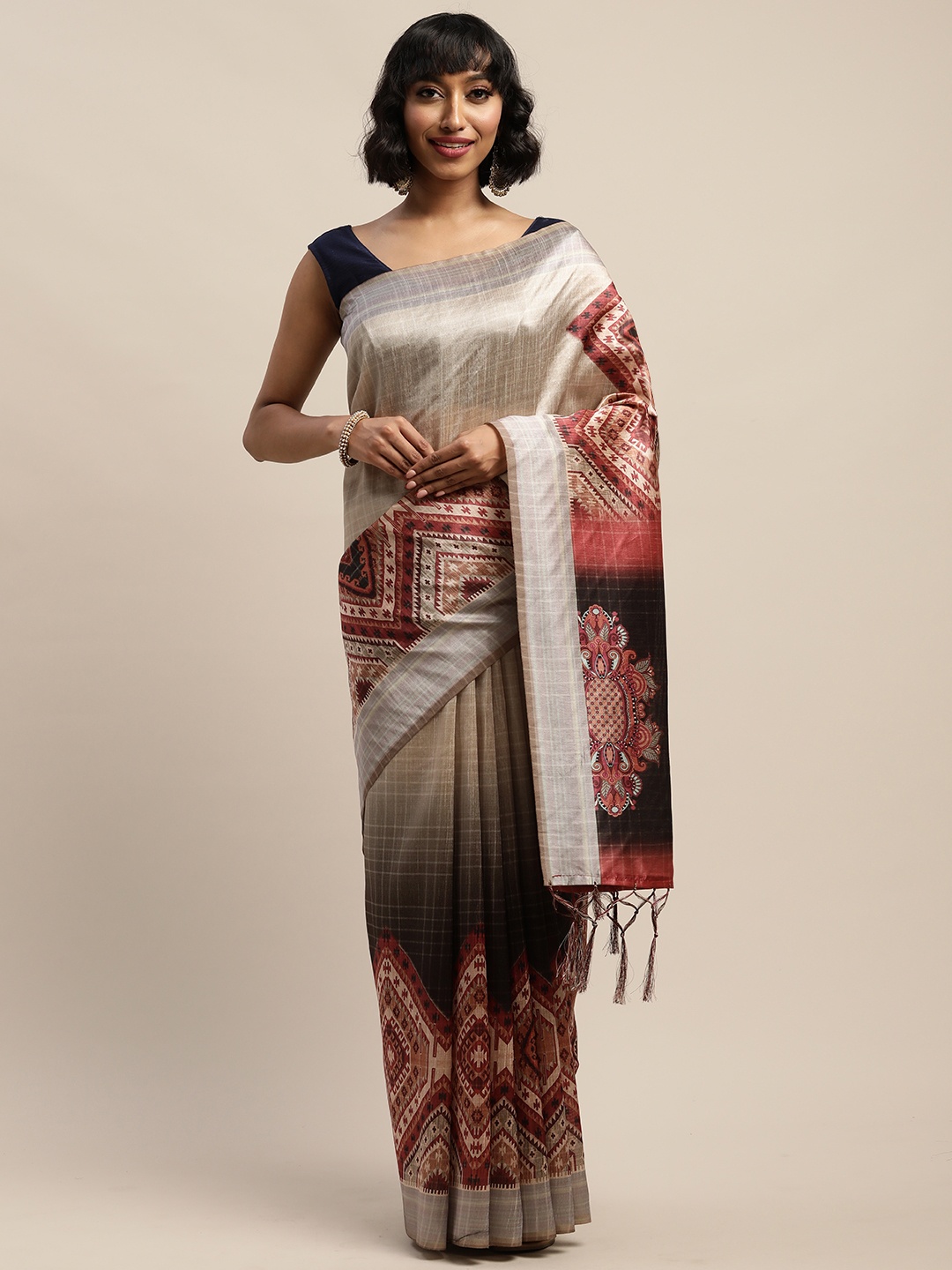 

Mitera Grey & Red Poly Silk Printed Tussar Saree