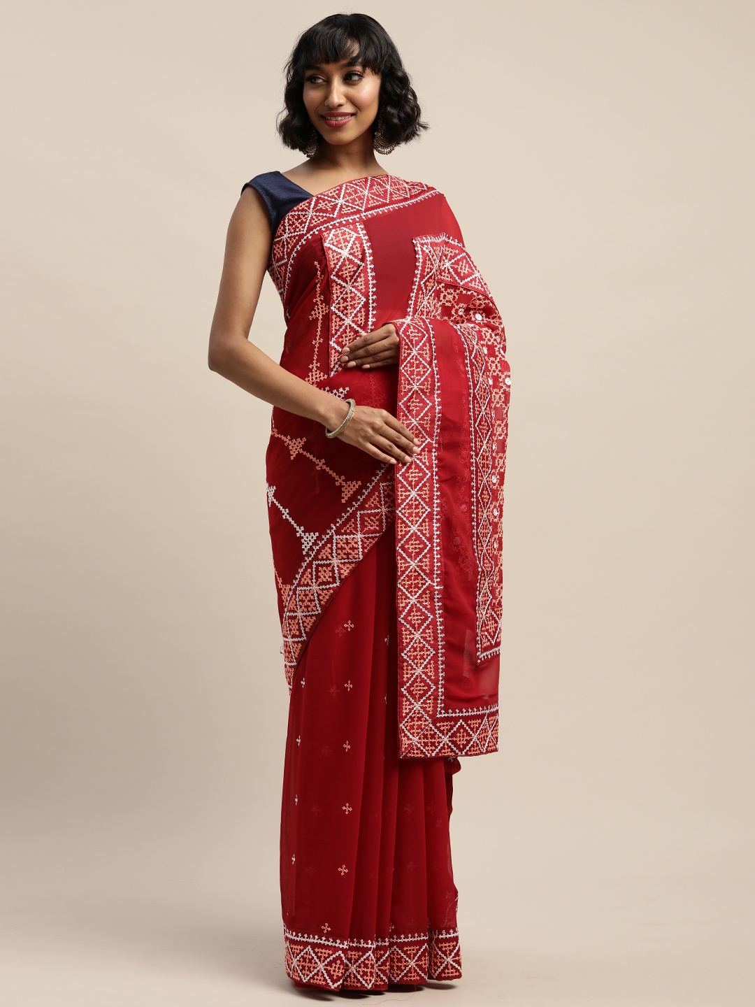 

Mitera Maroon & White Pure Georgette Embroidered Saree