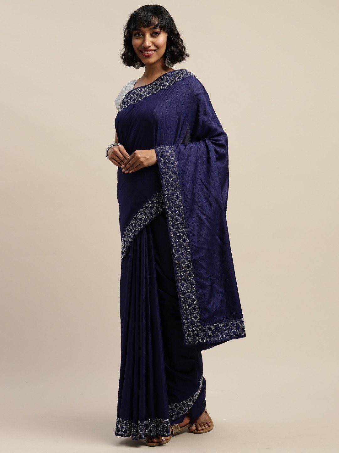 

Mitera Navy Blue Solid Silk Blend Saree