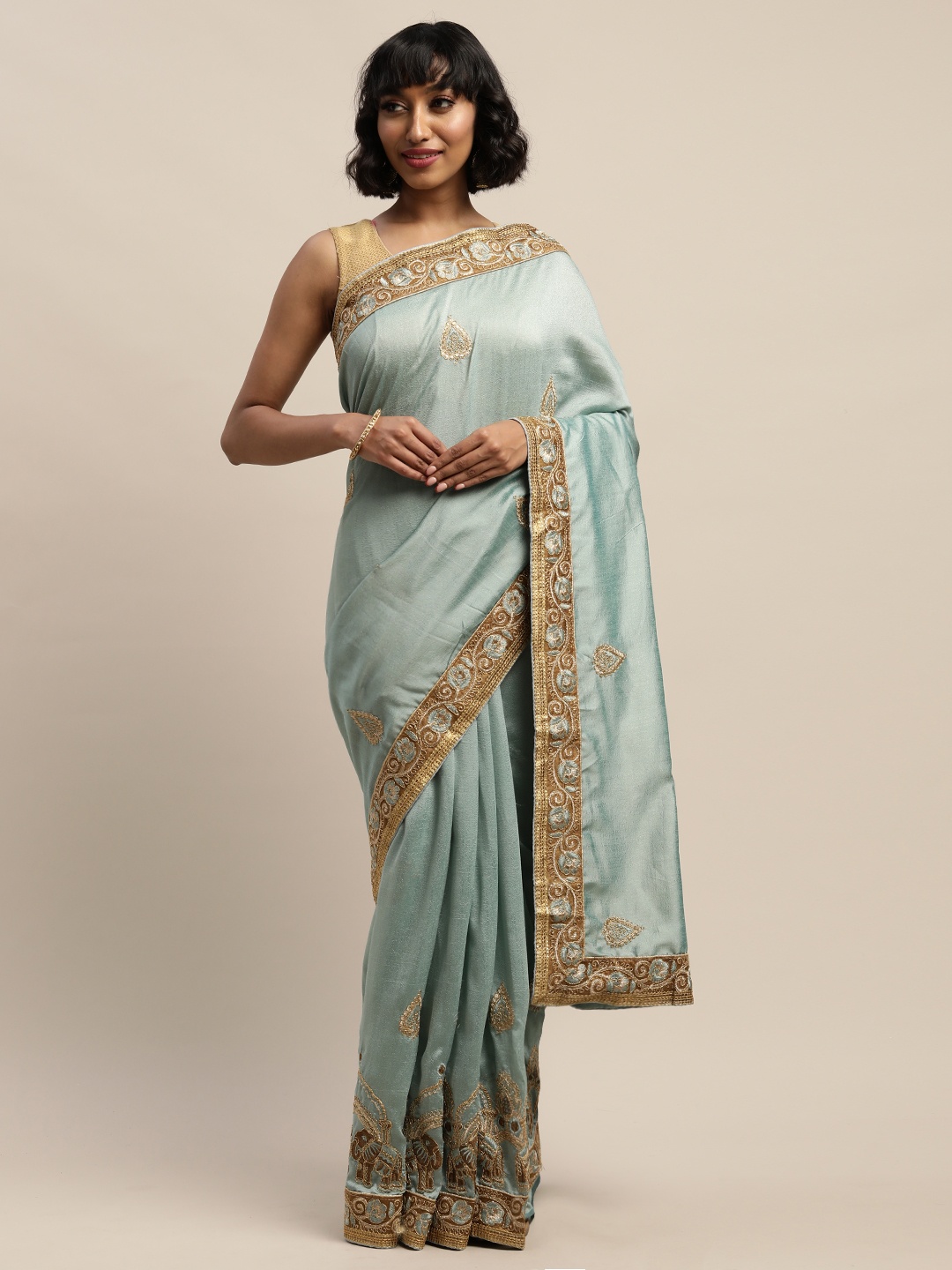 

Mitera Blue Embroidered Silk Blend Saree