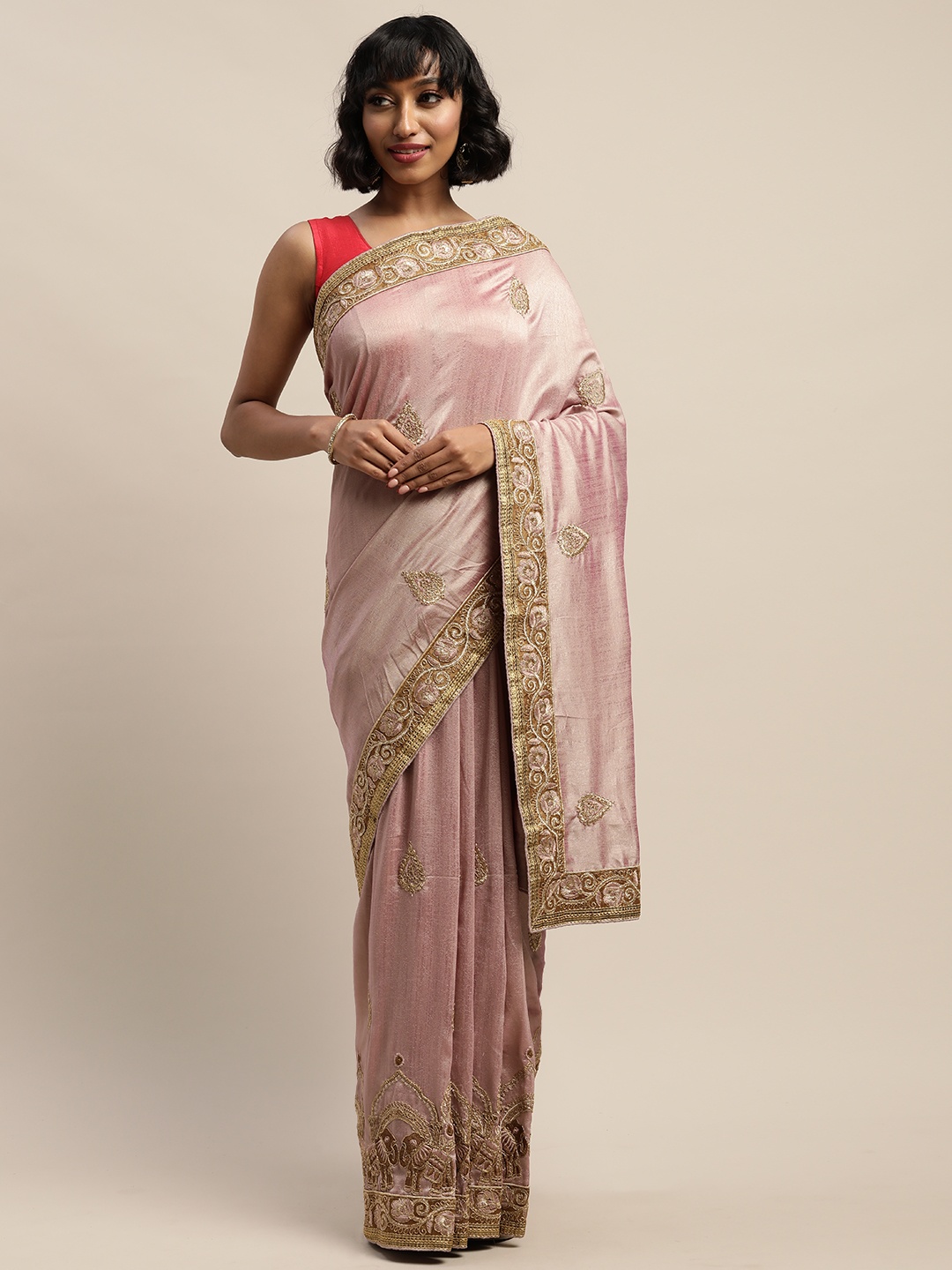 

Mitera Pink & Gold-Toned Solid Saree