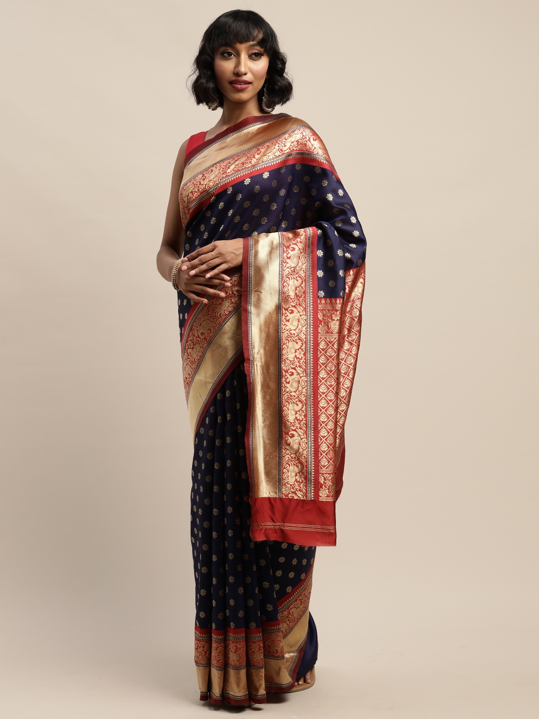 

Mitera Navy Blue & Gold-Toned Printed Banarasi Saree