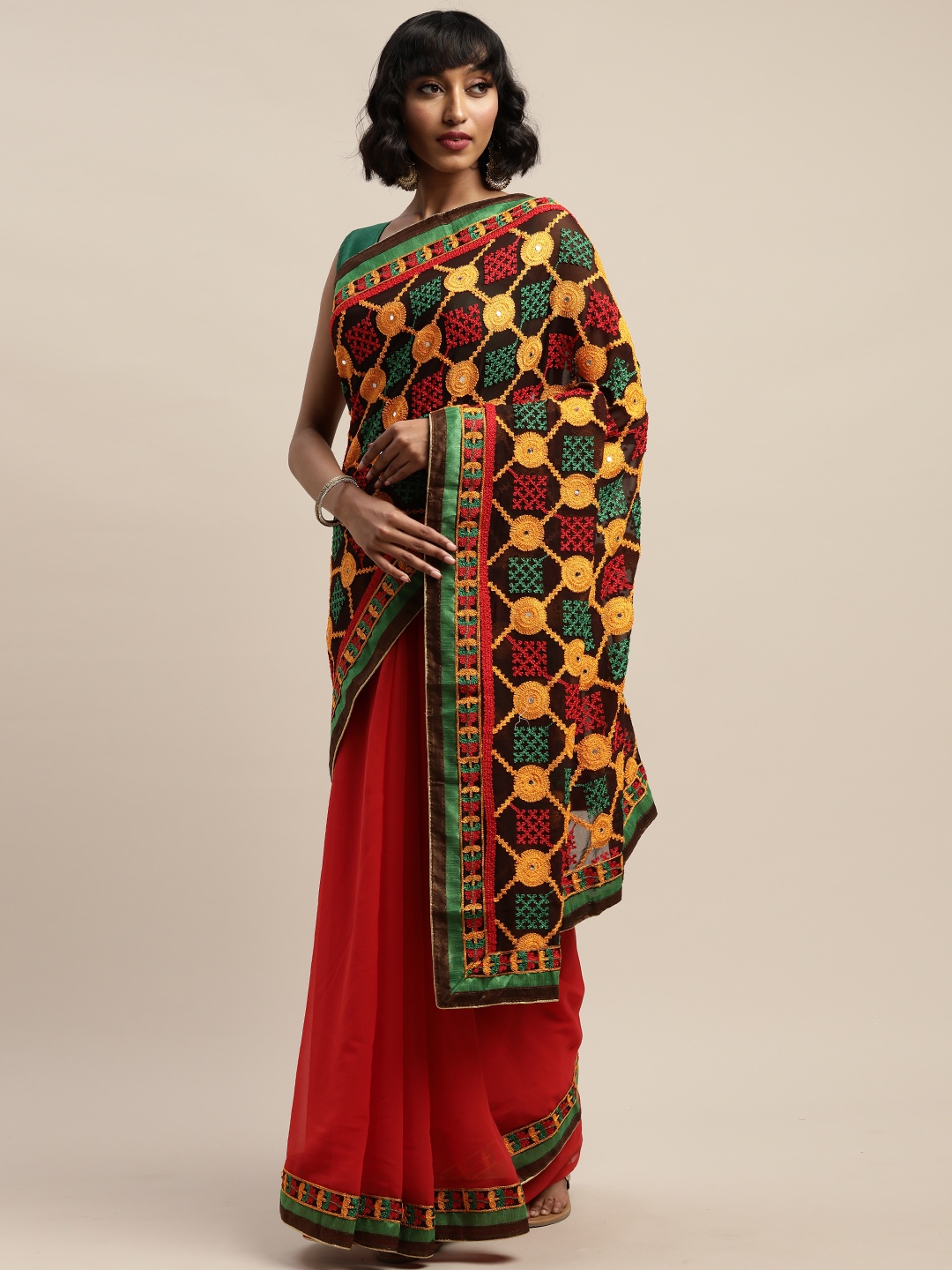 

Mitera Red Embroidered Pure Georgette Saree