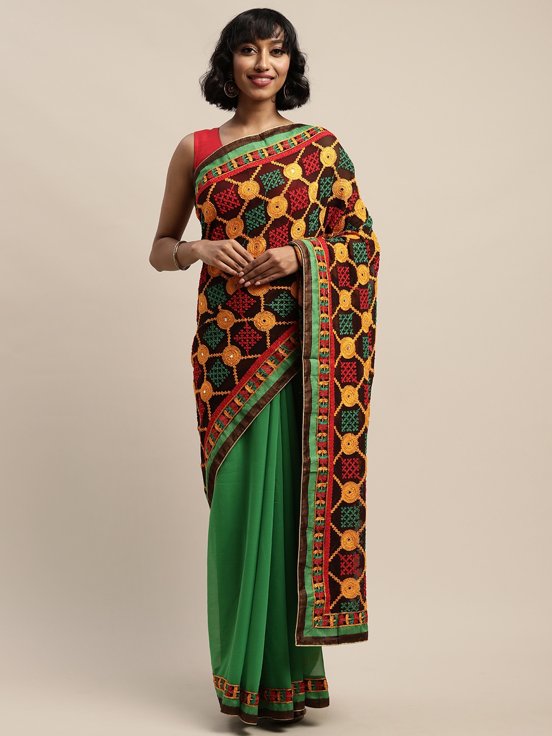 

Mitera Green & Brown Pure Georgette Solid Saree
