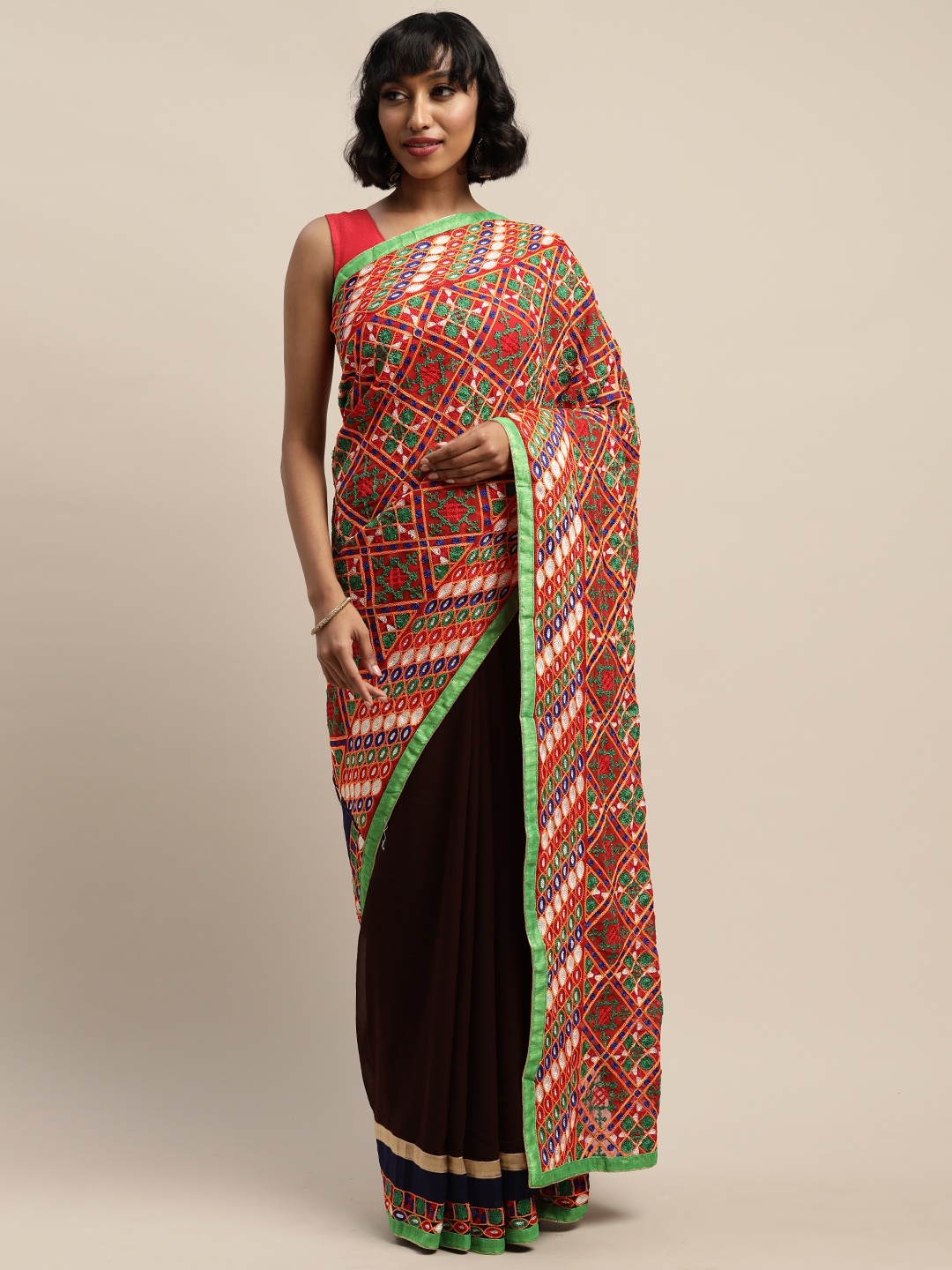 

Mitera Navy Blue & Red Pure Georgette Solid Saree