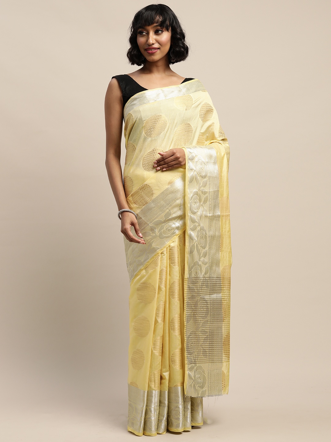 

Mitera Yellow Silk Blend Woven Design Banarasi Saree