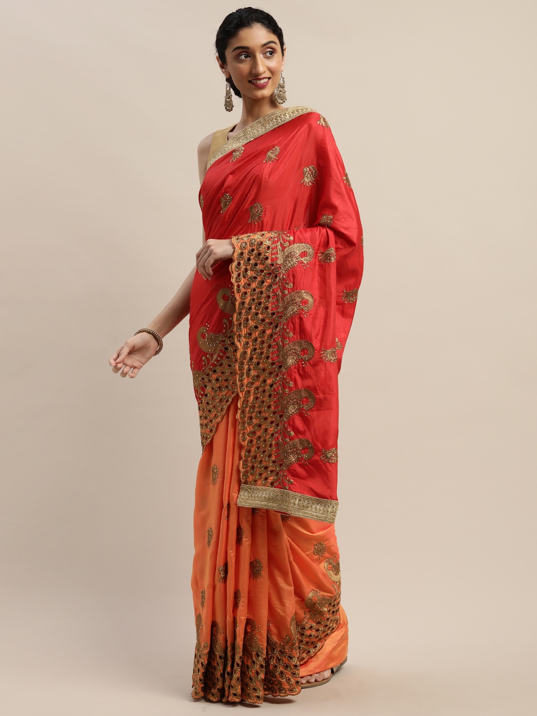 

Mitera Red & Orange Silk Blend Embellished Saree