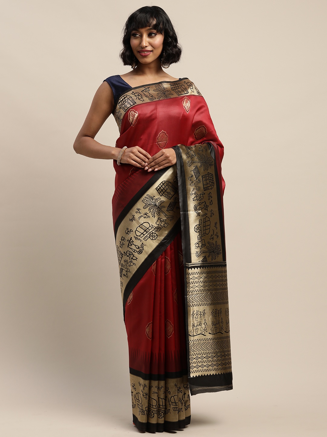 

Mitera Maroon Printed Banarasi Saree