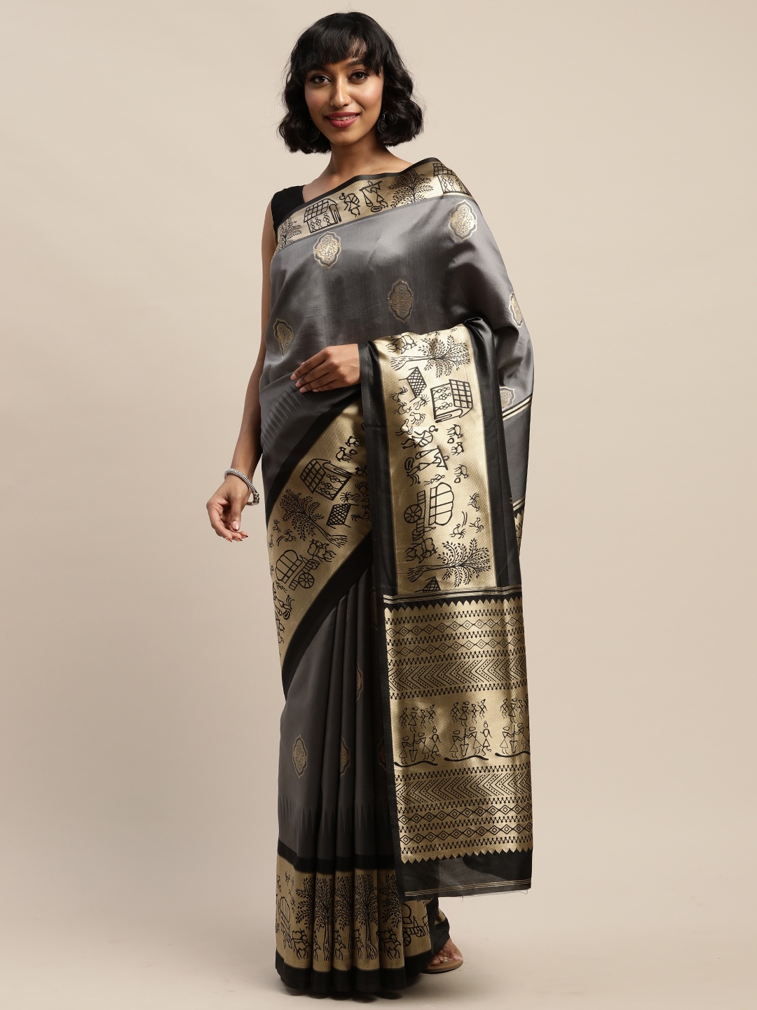 

Mitera Grey & Gold-Toned Woven Design Banarasi Saree