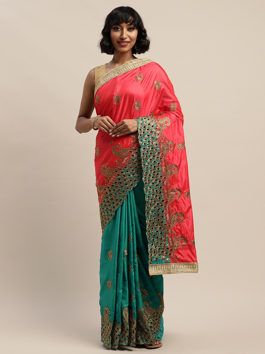 

Mitera Pink & Blue Silk Blend Embroidered Saree