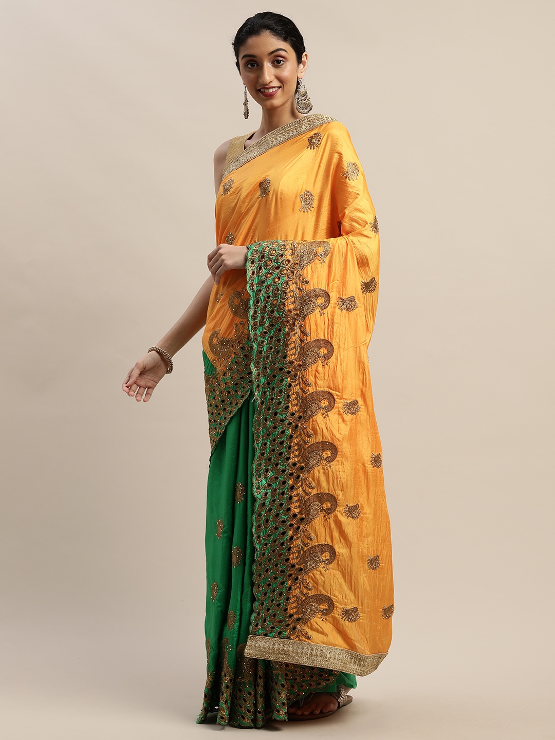 

Mitera Yellow & Green Silk Blend Embellished Saree