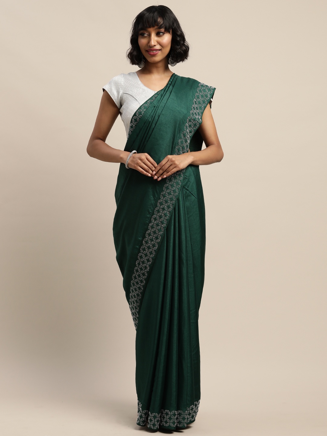 

Mitera Green Solid Silk Blend Saree