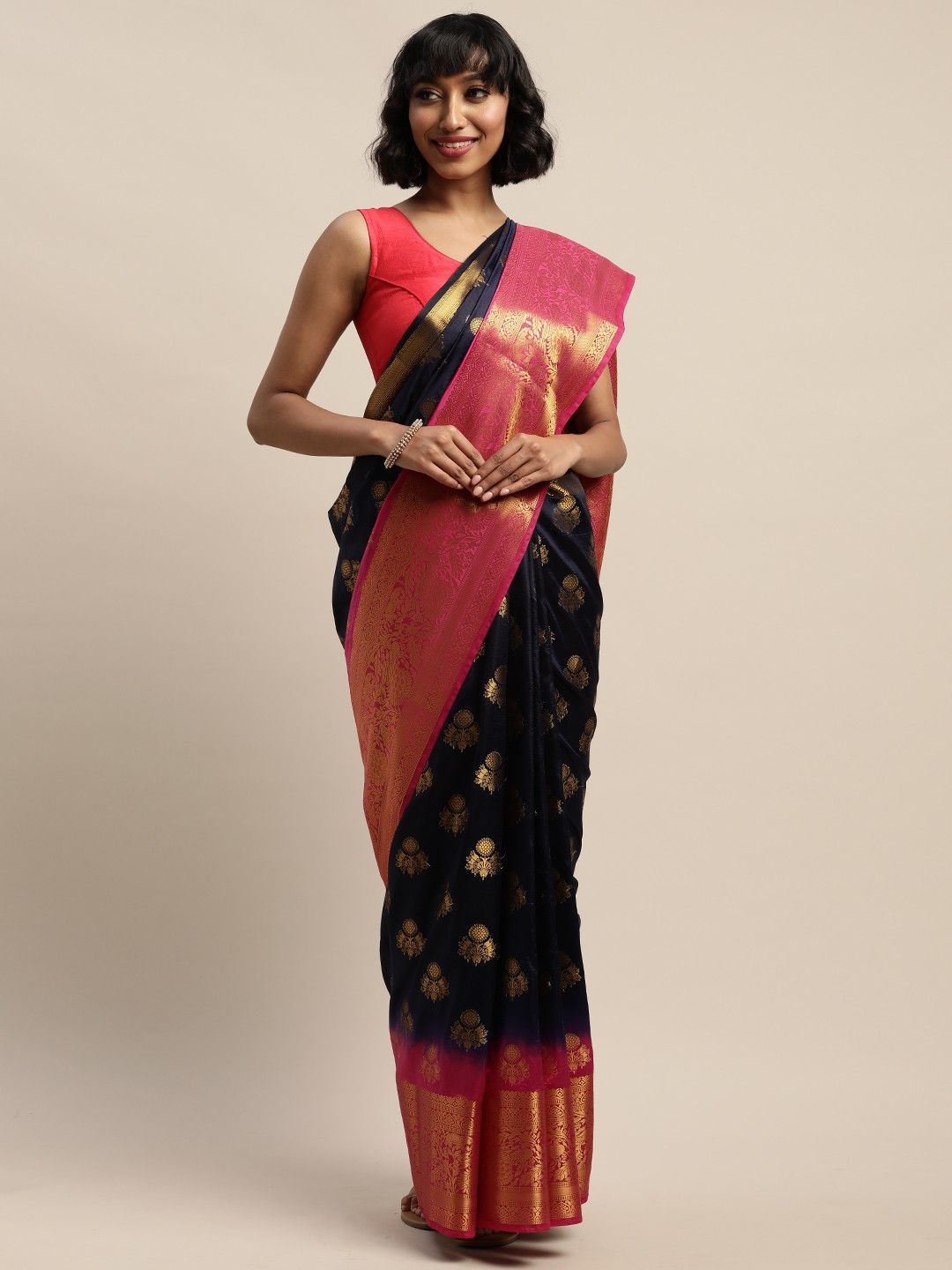 

Mitera Navy Blue & Pink Silk Blend Woven Design Banarasi Saree