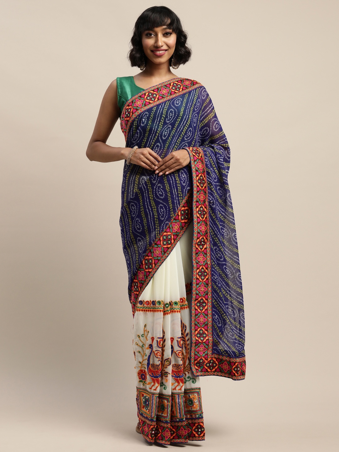 

Mitera White & Blue Pure Georgette Embroidered with Mirror Work Bandhani Saree