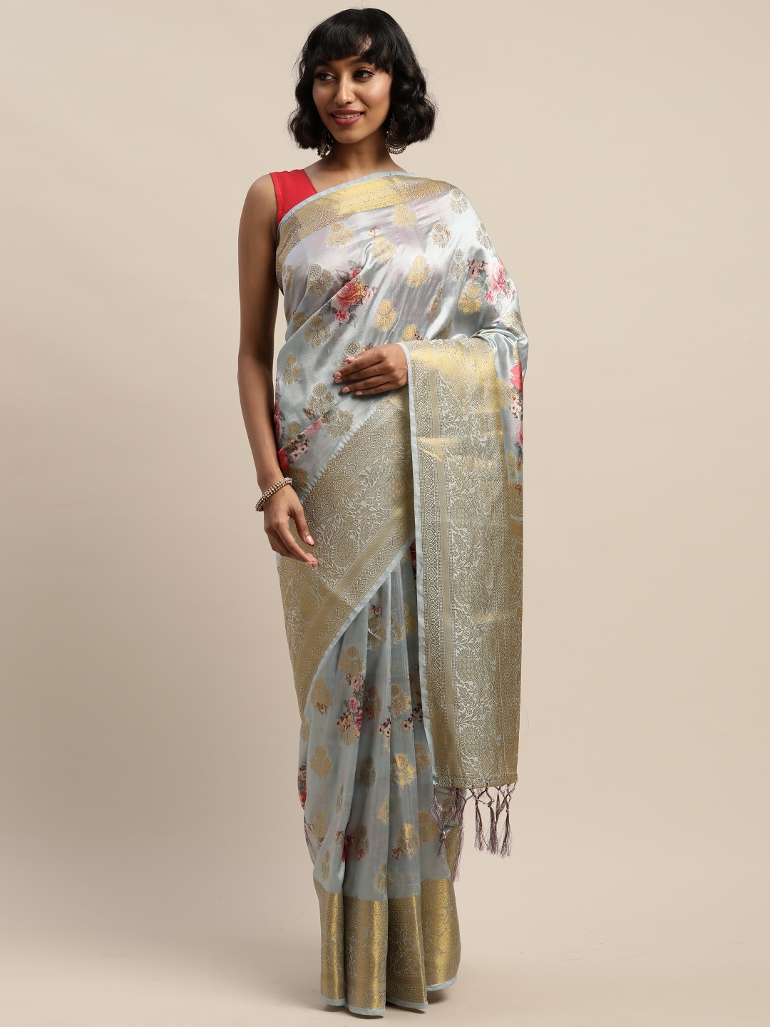 

Mitera Grey & Gold-Toned Woven Design Banarasi Saree
