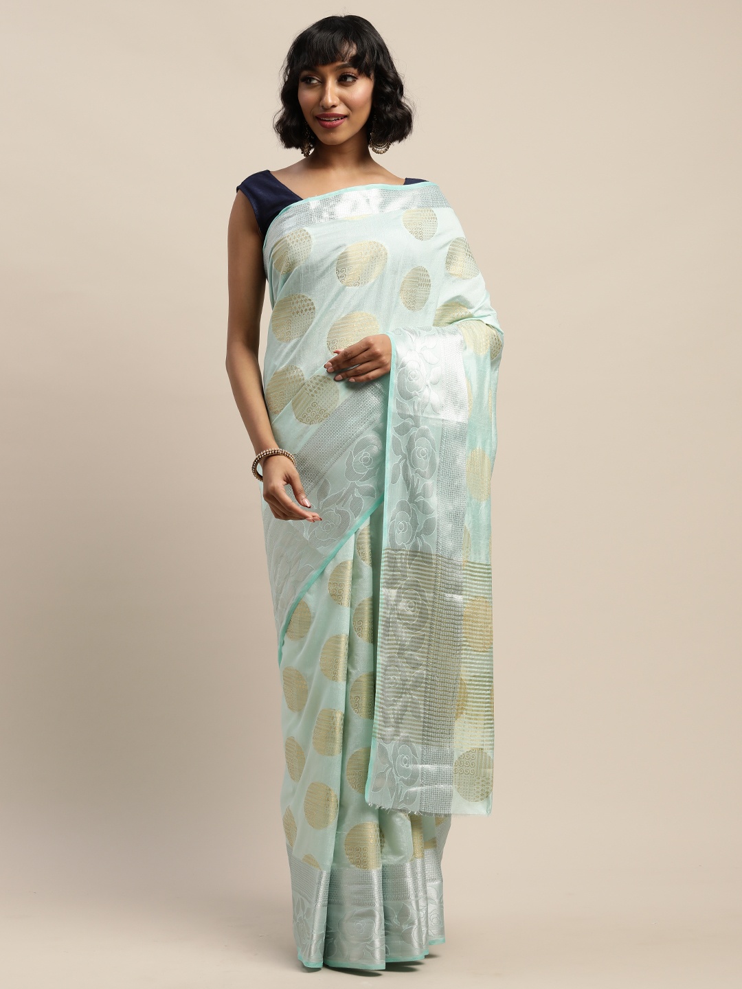 

Mitera Blue Silk Blend Woven Design Banarasi Saree