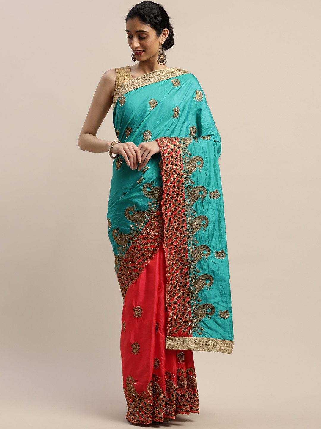 

Mitera Turquoise Blue & Pink Silk Blend Embellished Saree