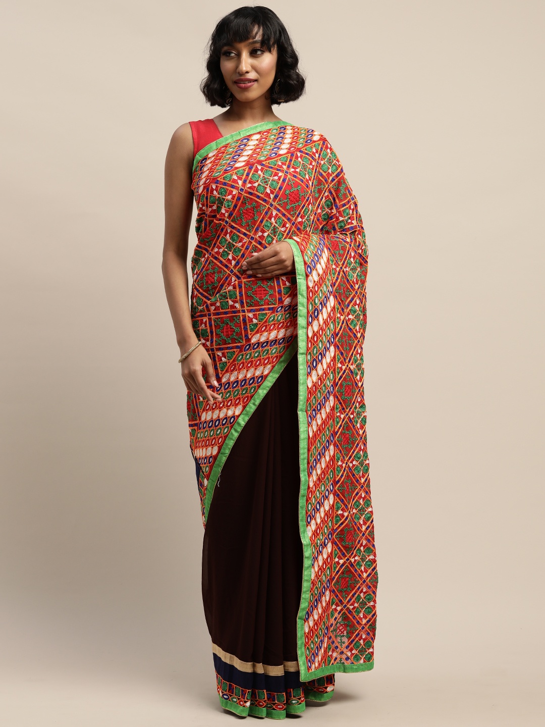 

Mitera Brown & Red Pure Georgette Solid Saree